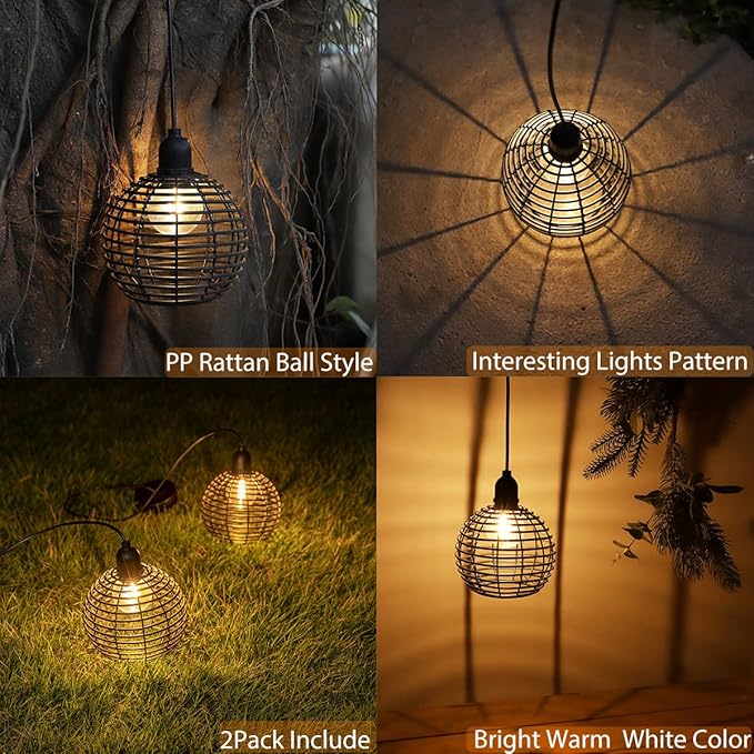 Hanging Solar Lantern Lights Waterproof, Outdoor Chandelier with G50 Warm White LED Bulbs, Black Rattan Globe Shades, Solar Decorative Lights for Patio Tree Pergola Gazebo Porch Garden-2Pack