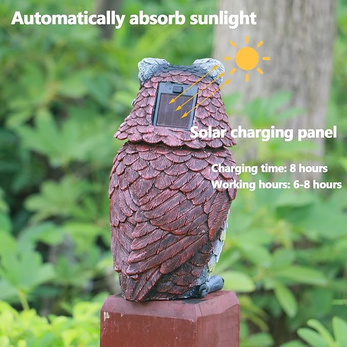 Garden Owl Statue - Resin Owl Figurines with Solar Powered Light Eyes and Spring Head Outdoor Owl Decorations for Patio Yard Porch Lawn, Ornament Gift