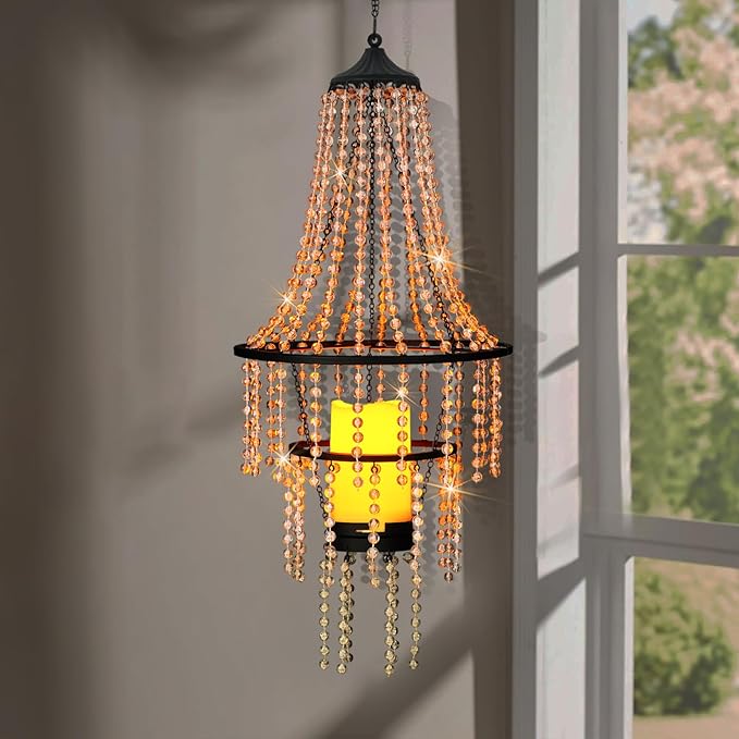 Hanging Candle Chandelier Outdoor, Battery Operated Clear Acrylic Beaded Chandelier with Flickering Led Candle Light S Hooks Modern Lantern for Garden Yard Patio Gazebo Room Indoor Decorations, 28”H