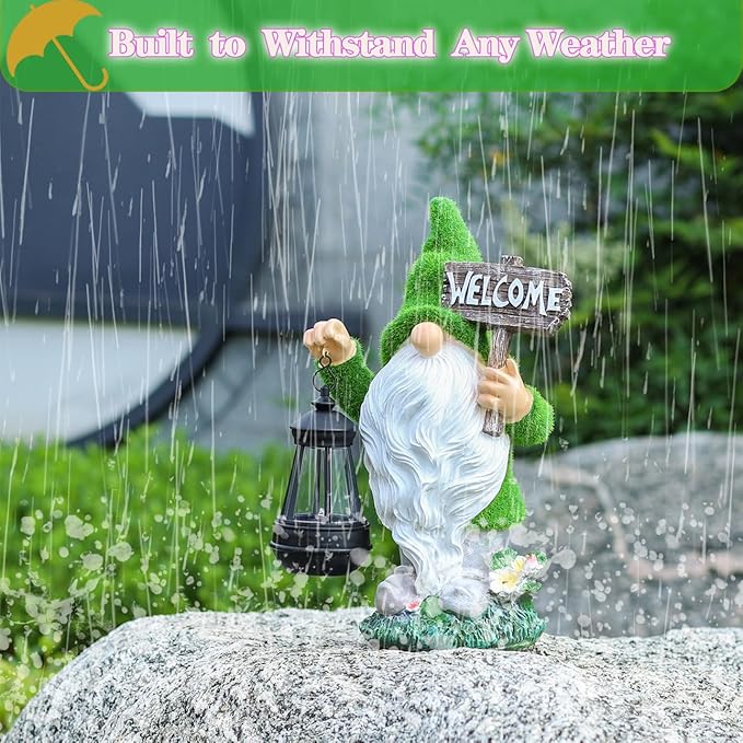 Garden Outdoor Statues, Solar Gnome Statues,Gnome Decorations with Solar Outdoor Lights for Garden Decor, Garden Sculptures & Statues for Front Porch Patio Lawn, Gifts for Mom, 13"", Green