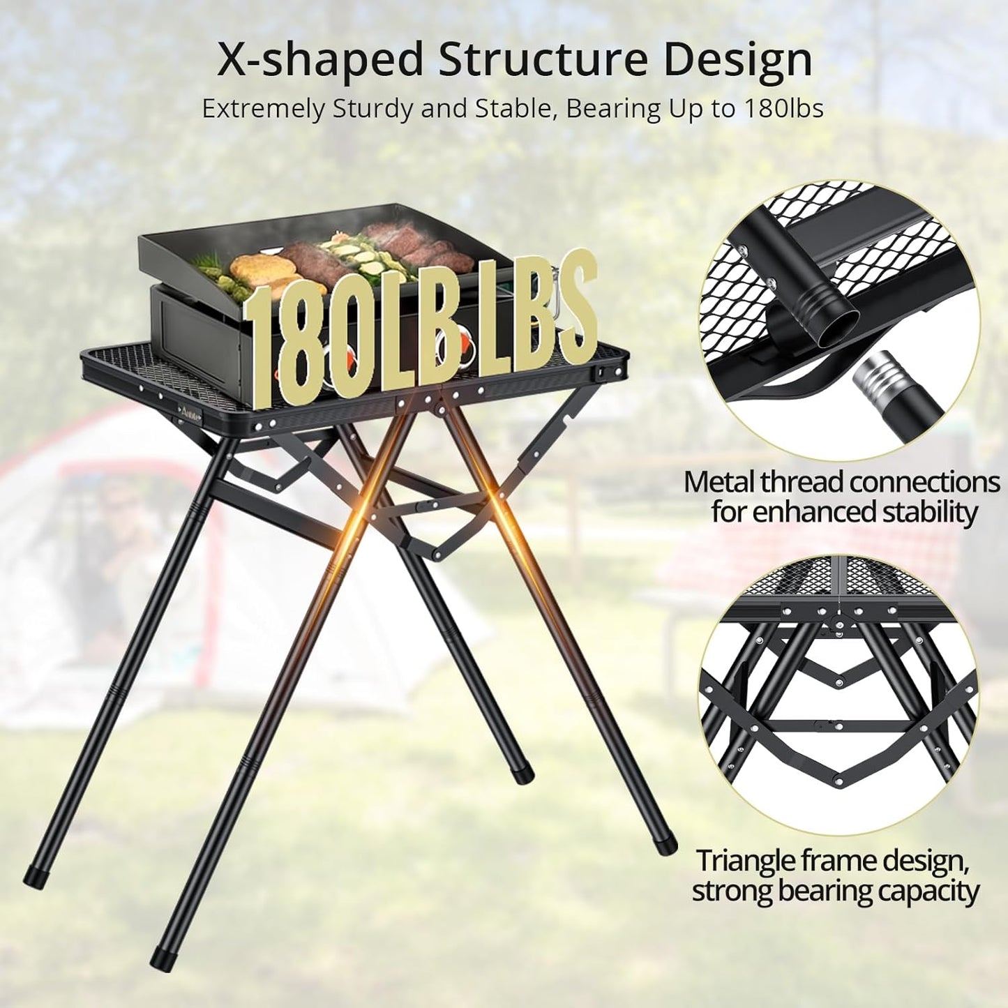 2ft Sturdy Folding Grill Table, Supports 180 Lbs, 2 Adjustable Height 28” Portable Grill Table, Heat-Resistant Tabletop, Folding Metal Table for Camping BBQ Cooking Backyard, 24" X 16", Black