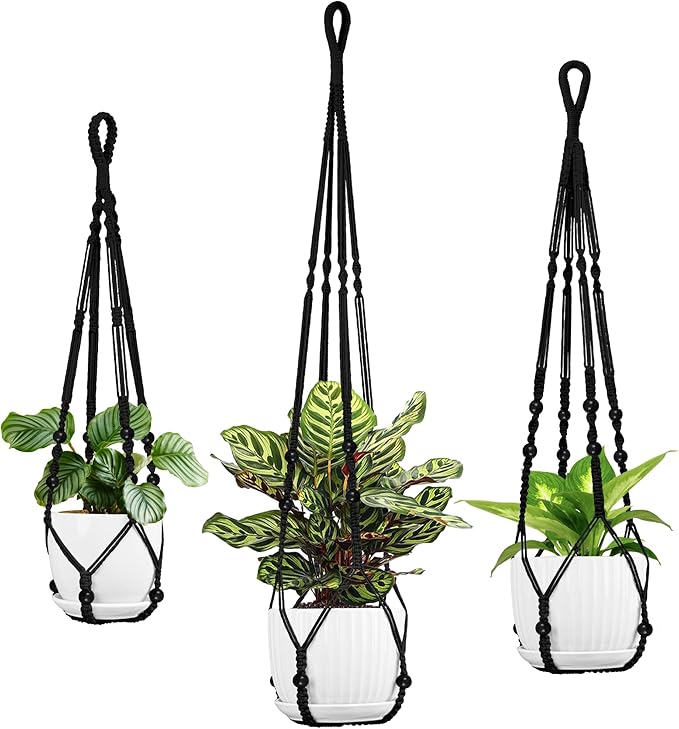 3 Pack Macrame Plant Hanger - 43"/35"/29" Different Sizes, Hanging Planter Basket Flower Pot Holder for Indoor Outdoor, with Wood Beads, Boho Home Decor, Black (POTS NOT Included)