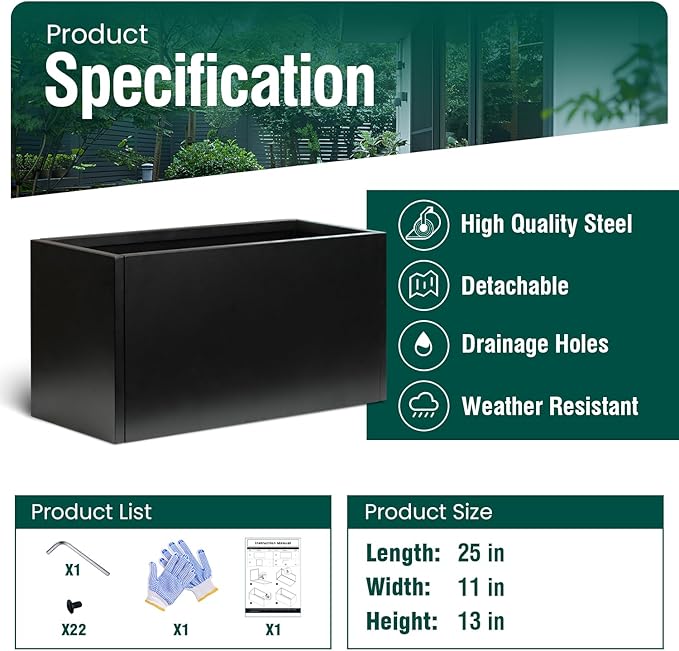 Galvanized Steel Metal Planter Rectangular Indoor Black Planter Box Large Outdoor Planters Steel 25" Lx 11" W x 13" H Commercial Residential for Patio, Deck, Garden