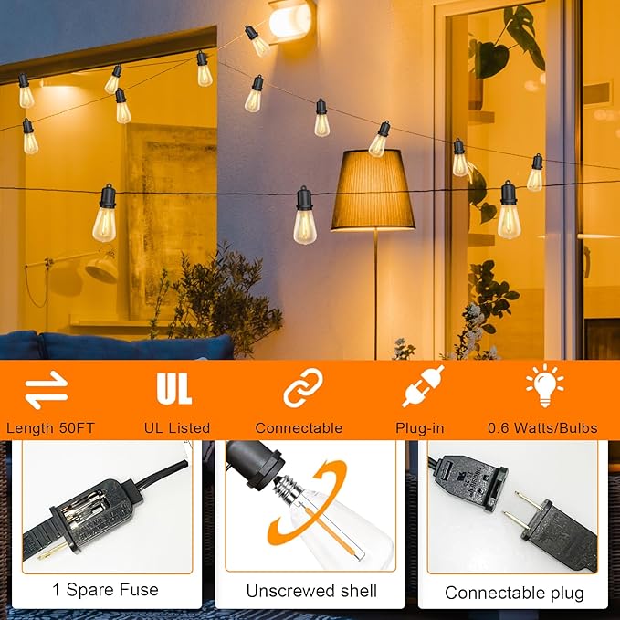 GOOTHY LED Outdoor String Lights 50Ft Outdoor Patio Lights with 27 Shatterproof ST38 Vintage Edison Bulbs, Commercial Grade Decorations Light Weatherproof for Backyard Porch Garden Wedding
