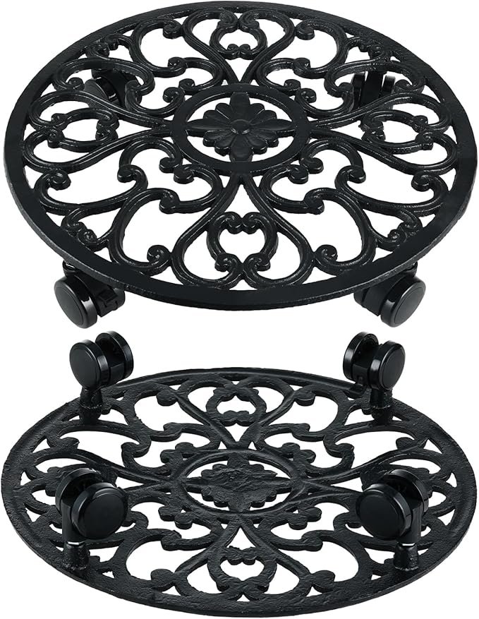 2 Packs 14 Inch Rolling Plant Stand with Wheels Metal Plant Caddy with Wheels Heavy Duty Round Plant Stand Indoor Iron Plants Rollers for Plants, Plant Dolly with Plant Saucers