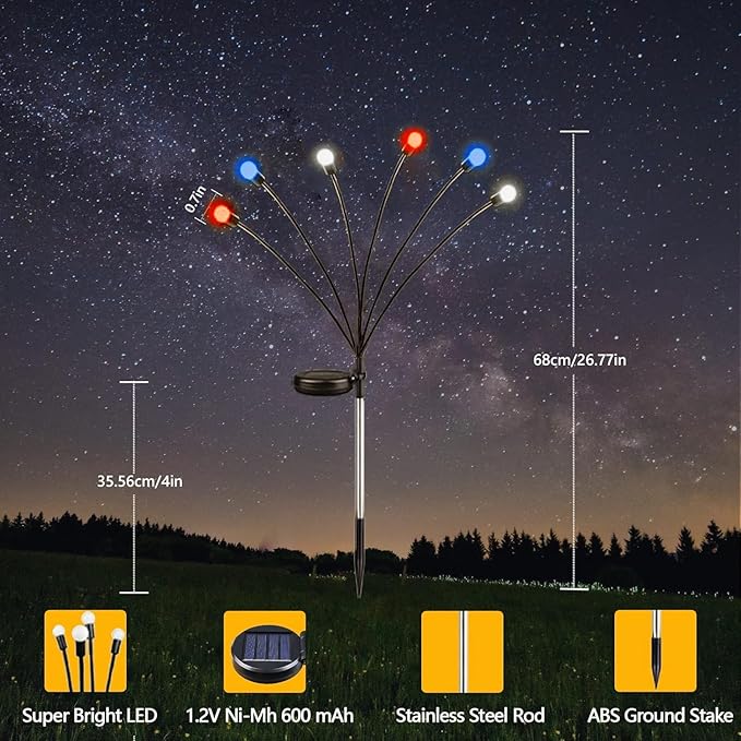 Albelt 2024 6pack Solar American Flag Lights - Solar Firefly Lights Outdoor 36LED Waterproof of The United States for Memory Day, Independence Day, National Day Decoration (Red+White+Blue)
