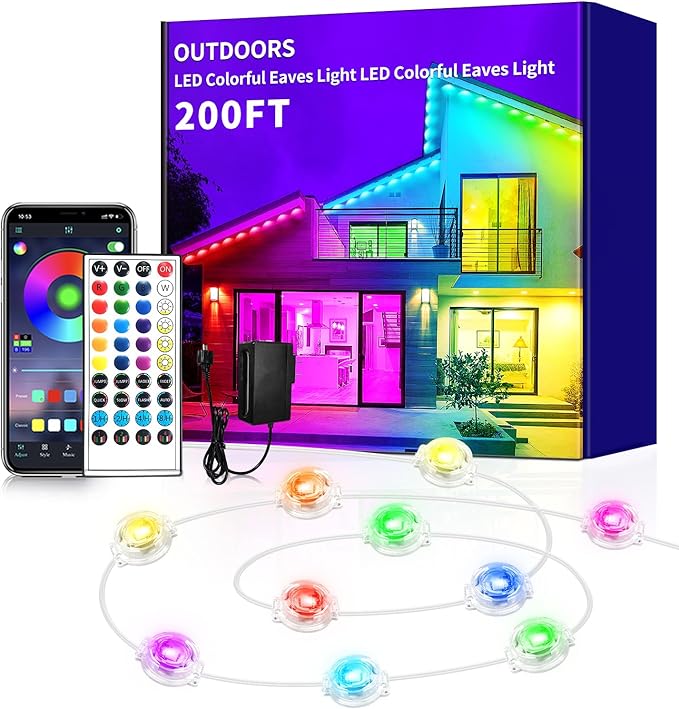200ft Permanent Outdoor Lights,RGB Eaves Light with App Control Remote,DIY IP67 Waterproof Under Eave Lighting,Outside led Lights for Christmas,Garden,House Decorations