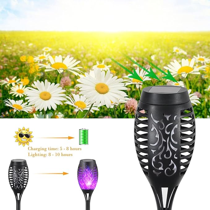 12-Pack Solar Flickering Flame Torches – Waterproof Solar Garden Lights, Outdoor Solar Lights for Yards, and Flame Torches for Patio and Pathway Decorations