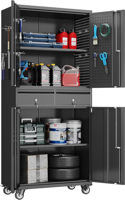 71''H Metal Garage Storage Cabinet with Wheels & 4 Pegboard,Rolling Tool Cabinet with Adjustable Shelves & 2 Lockable Drawer for Garage,Office,Home, Assembly Required,Black