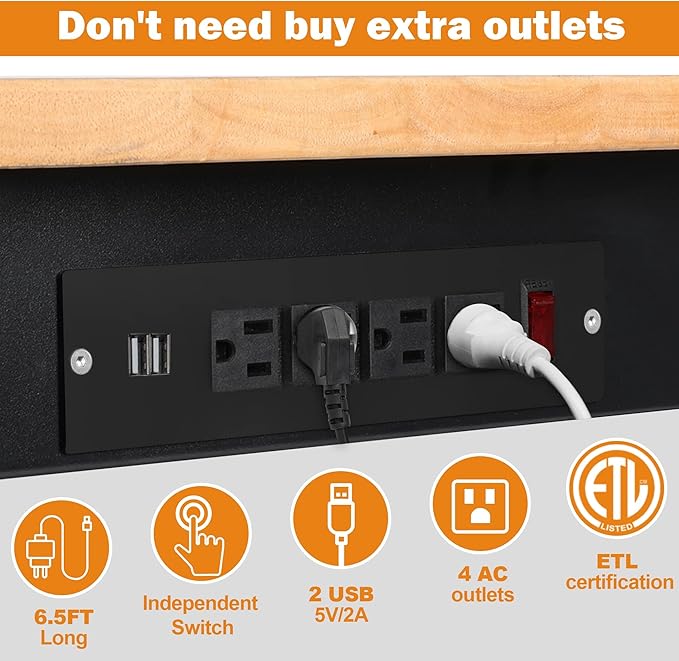 60" Adjustable Workbench for Garage, Rubber Wood Heavy Duty Workstation with Power Outlets & Wheels, 2000 LBS Load Capacity Hardwood Worktable for Workshop, Garage, Office, Home, Commercial