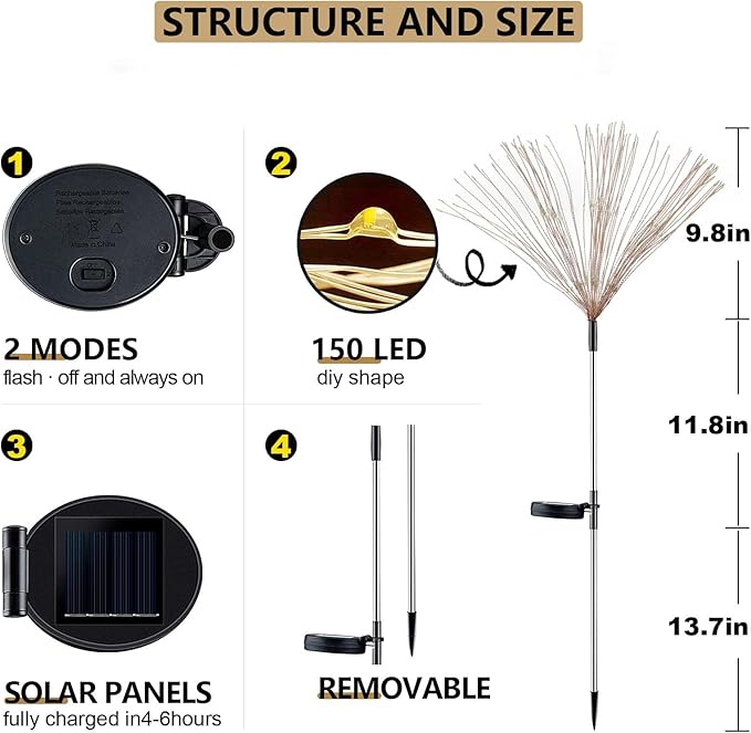 4 Pack Solar Firework Lights 150 LED Create Magical Nights, Waterproof Starburst Fairy Lights for Garden Yard Patio Christmas Romantic Wedding Party Decor(Warm White)