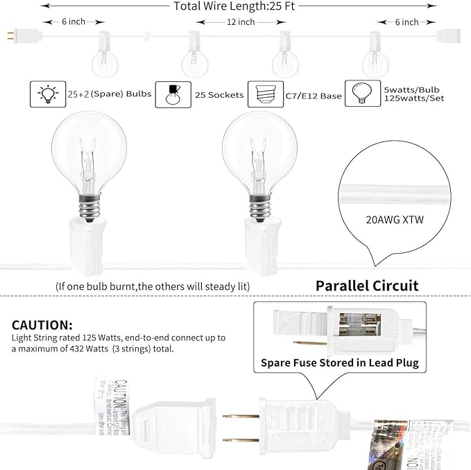 25Ft Outdoor String Lights, G40 Globe Patio Lights with 27 Warm White Incandescent Bulbs (2 Spare) Waterproof Hanging Outdoor Light UL Listed for Backyard Bistro Porch Garden Wedding Party - White