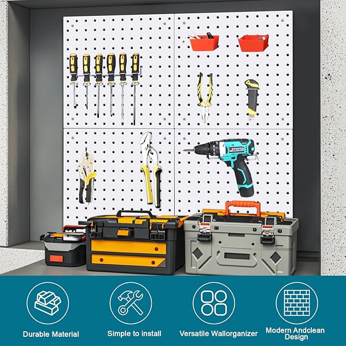 4 Pack Steel Peg Board,Universal 1/8 and 1/4 Pegboard Accessories,Ideal for Garage Tool Storage, Office Organization, Craft Room, Kitchen etc. (White, 4-12X12)