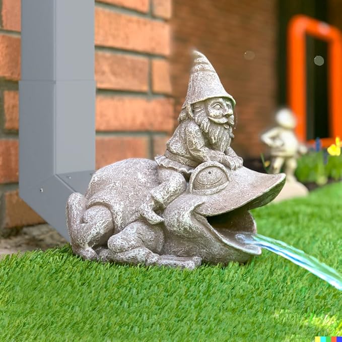 Gutter Downspout Extension - Downspout Splash Block - Downspout Diverter Garden Statue (Gutter in The Form of Funny Gnome on a Frog)