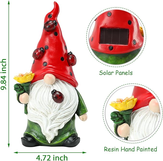 Garden Gnome Statue, Resin Sunflower Ladybug Gnome Figurine with Solar Lights for Porch Patio Yard Outdoor Decor