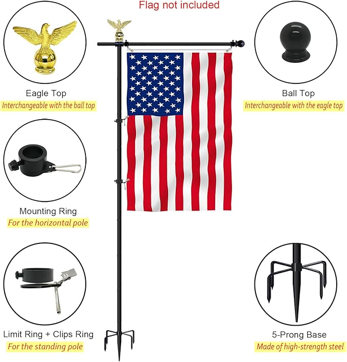 10FT Garden Flag Pole Stand for 3x5 Feet & 28x40 Inch Flags – Heavy Duty Freestanding Flagpole with 5-Prong Base – Adjustable, Lightweight Aluminum Flag Holder for Yard, Outdoor, Lawn – Black