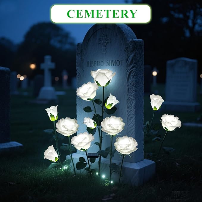 2 Pack Solar Garden Lights Outdoor, 7-Flower Rose LED Stake Light for Yard Patio Pathway Lawn Fence Cemetery, White