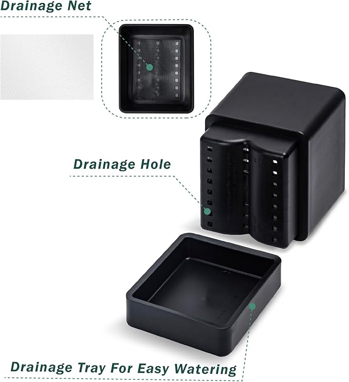 4 Inch Herb Planter Pot, Plastic Planter with Drainage Holes and Saucer, Modern Decorative Gardening Pot for Indoor Plants, Flowers, Herbs, Succulents, Black, Set of 6, 76-Y-B-6