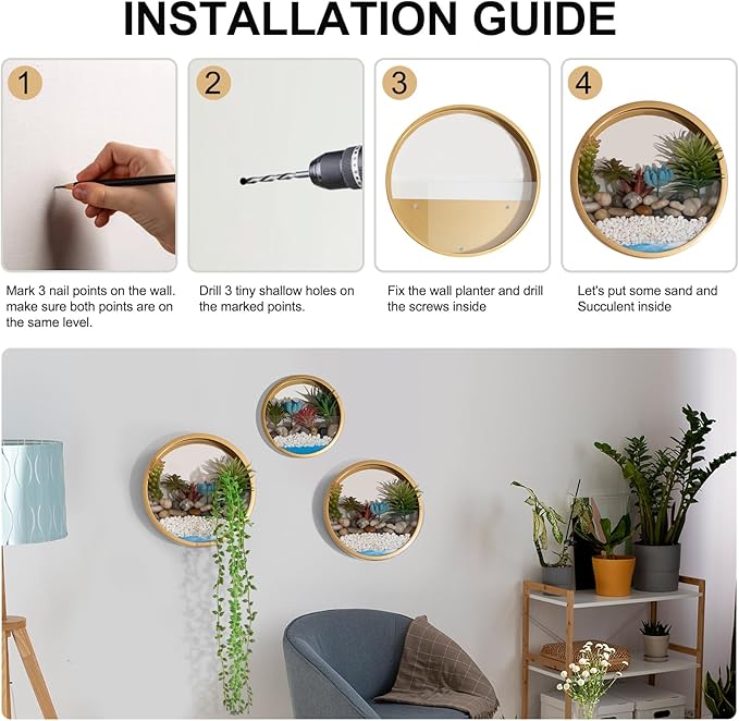 3 Pack Set Wall Planters,Modern Round Glass Wall Planter Succulent Planter Circle Iron Hanging Planter Vase for Herb,Small Cactus Perfect for Balcony, Room and Patio Decor (Gold)