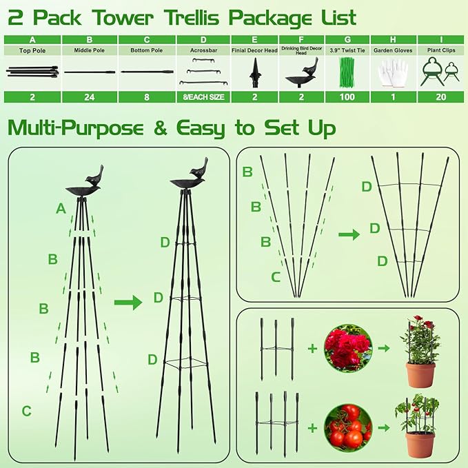 2 Pack Garden Obelisk Trellis for Climbing Plants | 79 Inches Tall Rustproof Metal Plant Support Trellis | Adjustable Garden Tower Trellis for Indoor Outdoor Vines Vegetables Flowers
