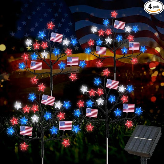 HUGSVIK 4 Packs 80LED 4th of July Decorations Outdoor, Upgraded Red White and Blue Solar Lights with Stars & American Flags, Outdoor Memorial Day Decorations Patriotic Lights for Yard Pathway Garden