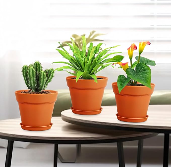 4 inch Small Plastic Nursery Pots, Seedling Pots, 16 Pack Plant Pots for Indoor Outdoor Plants, Flower Pots with Drainage Holes and Saucers, Decorative Planters for House Plants, Terracotta