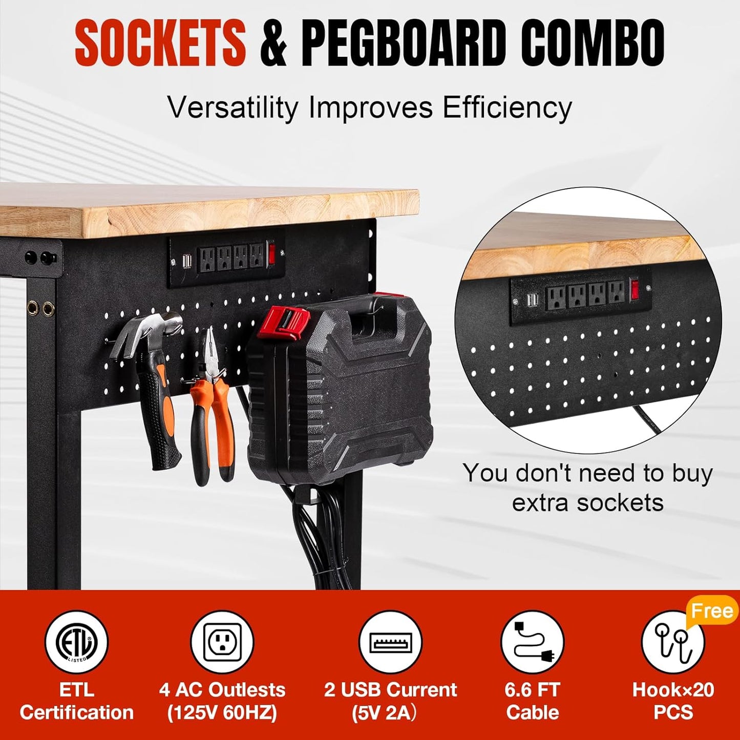 48" L×24”W Adjustable Workbench with Wheels, 28”-40”Height Heavy Duty Table 2000 LBS Load Capacity, Work Bench with Power Outlet & Pegboard, Rubber Wood Work Table for Garage, Office, Workshop