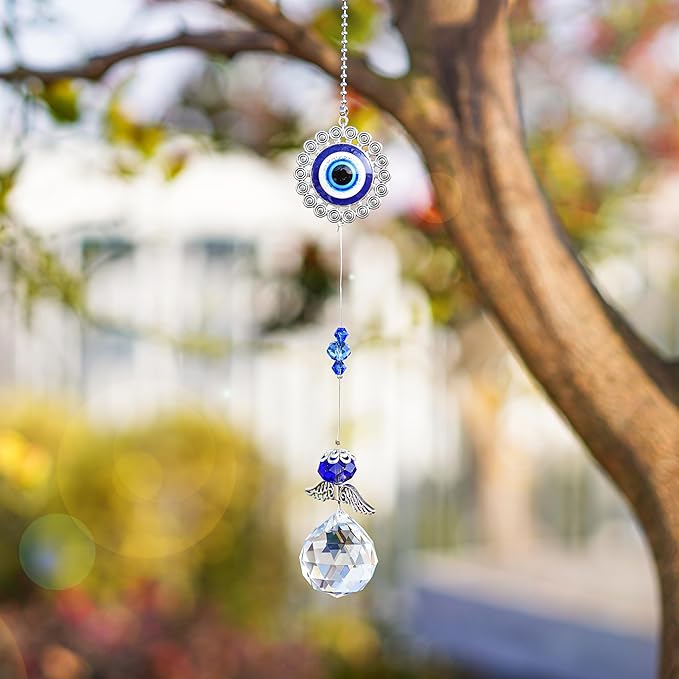 Handmade Crystal Angel Suncatcher Hanging Turkish Blue Evil Eye Protection Pendant and Good Luck Charm Gift