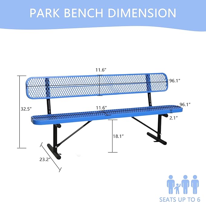 8FT Heavy Duty Park Bench with Back Portable Frame, Outdoor Steel Bench with Backrest, Outdoor Park Bench Expanded Metal Mesh Bench for Lawn, Park, Deck, Garden, Patio, Porch, Black (Blue, 8FT)