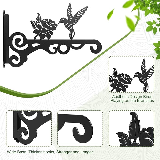 4-Pack Aesthetic Wall Plant Hanger Indoor and Outdoor – 10 Inch Metal Hanging Plant Bracket with Beautiful Bird Pattern – Heavy Duty Plant Hooks for Hanging Plants, Bird Feeder, Wind Chime, Lantern
