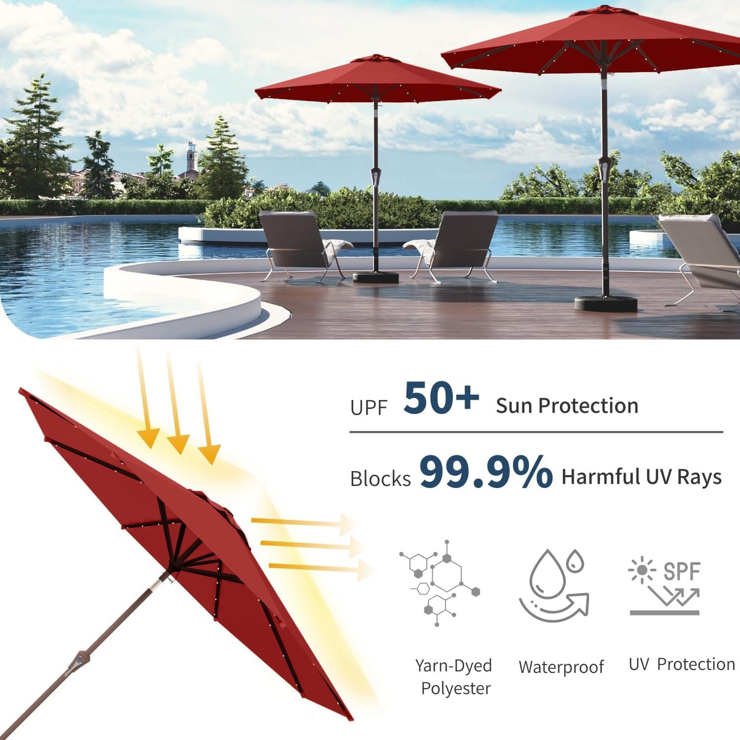 9FT Solar Umbrella 32 LED Lighted Patio Umbrella Table Market Umbrella w/Tilt and Crank, UV-Resistant Outdoor Umbrella for Pool, Garden, Deck, Red