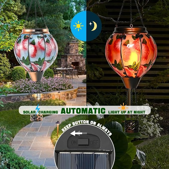 Hot Air Balloon Solar Lantern - Simulated Flickering Flame Hummingbird Glass Lantern, Outdoor Hanging Yard Light Waterproof IP65 & Weather Resistant for Garden Patio Lawn Porch Decor Gfit