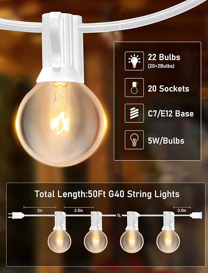 50FT Outdoor White String Lights with 20 Clear Bulbs, G40 Globe Patio String Lights for Indoor/Outdoor, Connectable Hanging Lights for Backyard Porch Balcony Party Decor - White Wire