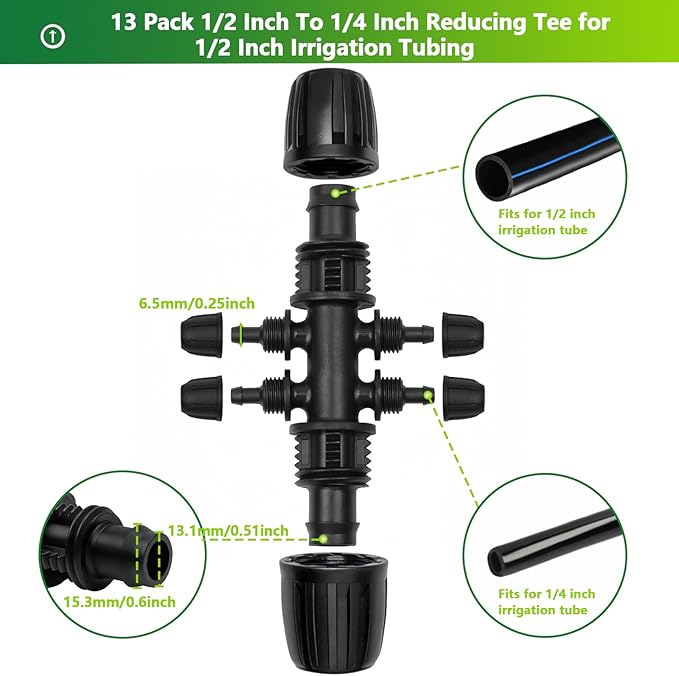 13 Pcs Drip Irrigation Fittings for 1/2 Inch Tubing (1/2" ID x 0.65" OD) to 1/4 Inch Irrigation Tubing, Locked Barbed 1/2" to 1/4" Reducing Tee Connector Drip Line Parts
