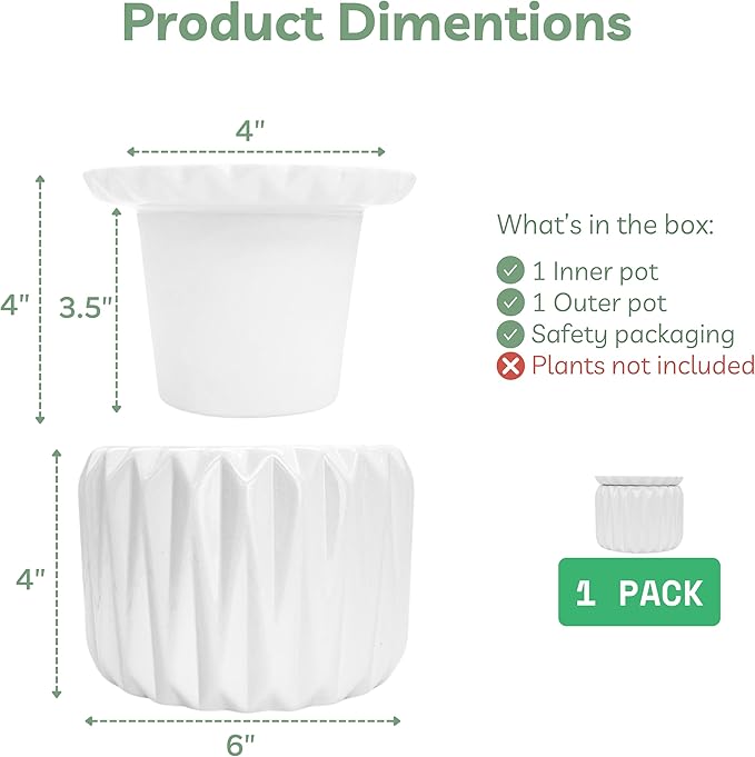 6 inch Self Watering Pot for Indoor Plants, African Violet Pot Ceramic, Flowers Planter (4 inch Opening), Holds 3 Weeks of Water (1 Pack)