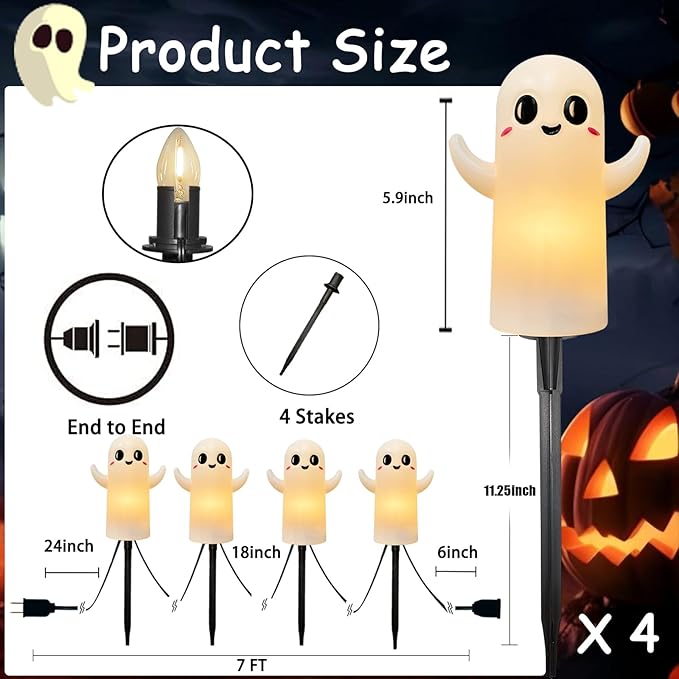 4 Pack Halloween Smiley Elves Pathway Lights, 7Ft Outdoor Halloween Decorations Lights with LED Smiling Ghost Yard Stakes Lights for Outdoor Garden Walkway Patio Backyard Halloween Party Decor