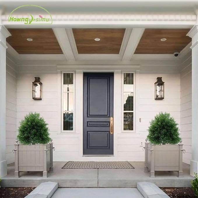 20" Artificial Cedar Topiary Ball Trees with Ground Spike, 2 Pack UV Resistant Artificial Shrubs, Fake Evergreen Artificial Plant Brush for Indoor Outdoor Front Porch Garden