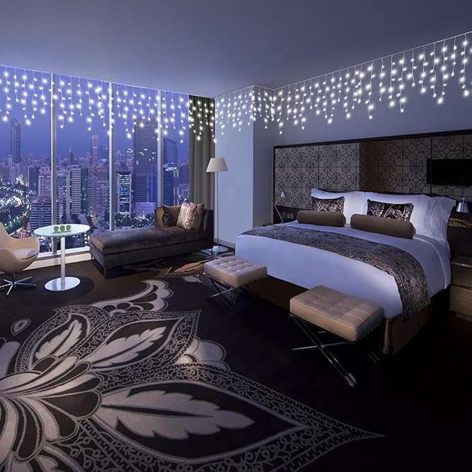 Icicle Lights for Outside, 33FT 400 LED Icicle Christmas Lights with 8 Modes 75 Drops, Waterproof Plug in Curtain String Lights for Outdoor Indoor House Yard Roof Wedding Decorations, White