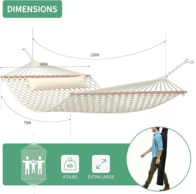13FT Hammocks, Traditional Hand Woven Cotton Rope Hammock with Free Extension Chains for Outdoor Indoor Patio Yard 450 LSB Capacity for Two Person (Natural)