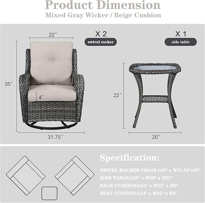 3 PCS Patio Furniture Set - Mixed Grey Wicker Swivel Rocking Chairs with Side Table, Furniture Set for Outdoor