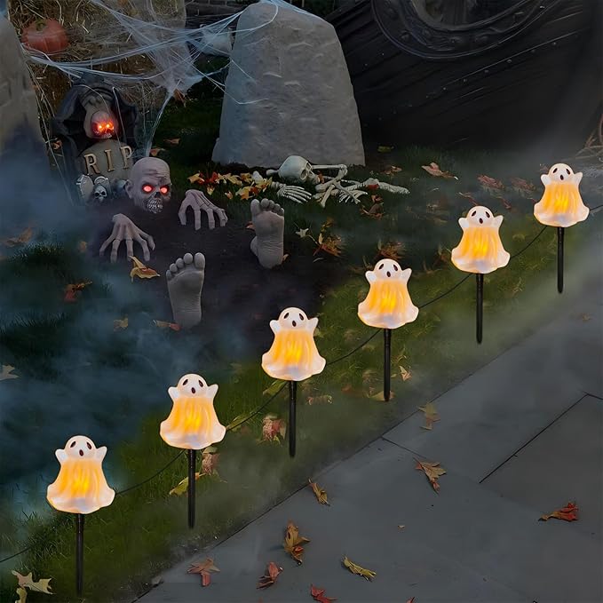 Halloween Ghosts Pathway Marker Lights, 7Ft C7 LED Outdoor Halloween Decorations String Lights Waterproof with 4 White Ghost Walkway Lights Plug in for Outdoor Halloween Party Garden Patio Garden Lawn