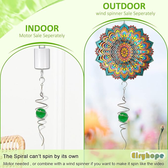 Gazing Ball Spiral Tail with Green Glass Orb, Spiral Tail for Wind Spinner, 3D Wind Spinners Stabilizer, Rotating Art Decor-Visual Illusion in Spinning, Indoor Outdoor Garden Decoration 13"