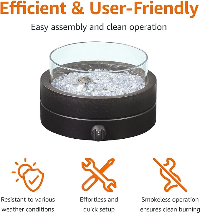 Amazon Basics 14-Inch Round Propane Fire Pit, 9000 BTU Portable Tabletop Fireplace with Glass Stones, Umbrella Hole Compatible for Outdoor Patio Tables & Camping, Brown