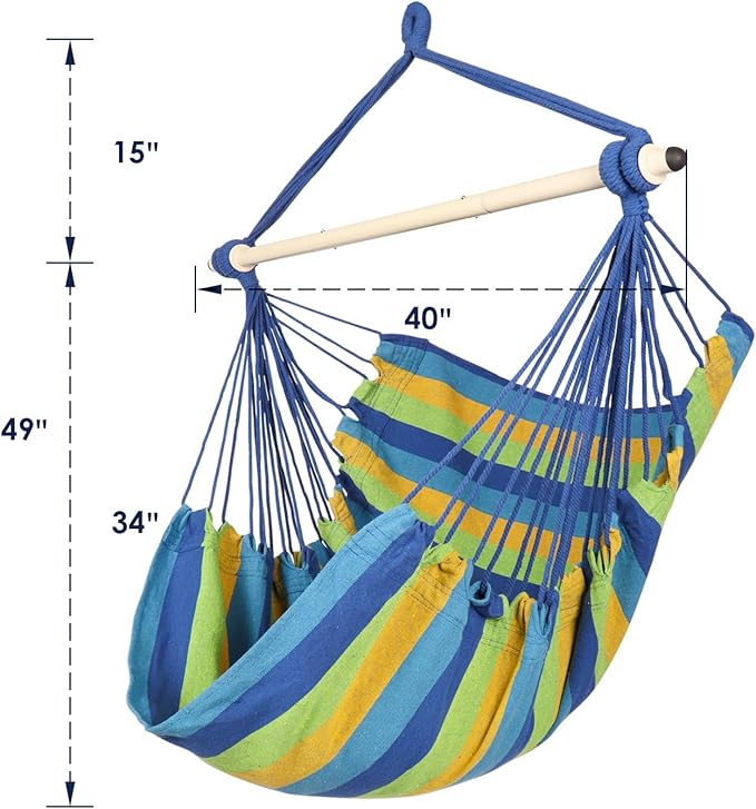 Highwild Hammock Chair Hanging Rope Swing - Max 500 Lbs - Steel Spreader Bar with Anti-Slip Rings - for Any Indoor or Outdoor Spaces (Blue Striped)