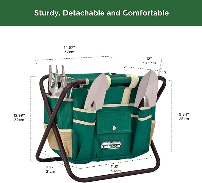 Gardening Tool Set, Stainless Steel 7-Piece Gardening Tools with Heavy-Duty Folding Stool and Detachable Canvas Tote Bag, Green and White, Ideal Gardening Gifts for Women and Men