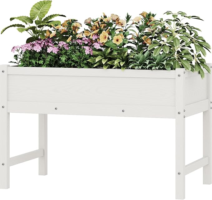 HDPE Raised Garden Bed with Legs, Outdoor Weather-Resistant Elevated Planter Box Stand for Seeds, Herbs, Flowers, Vegetables (White)