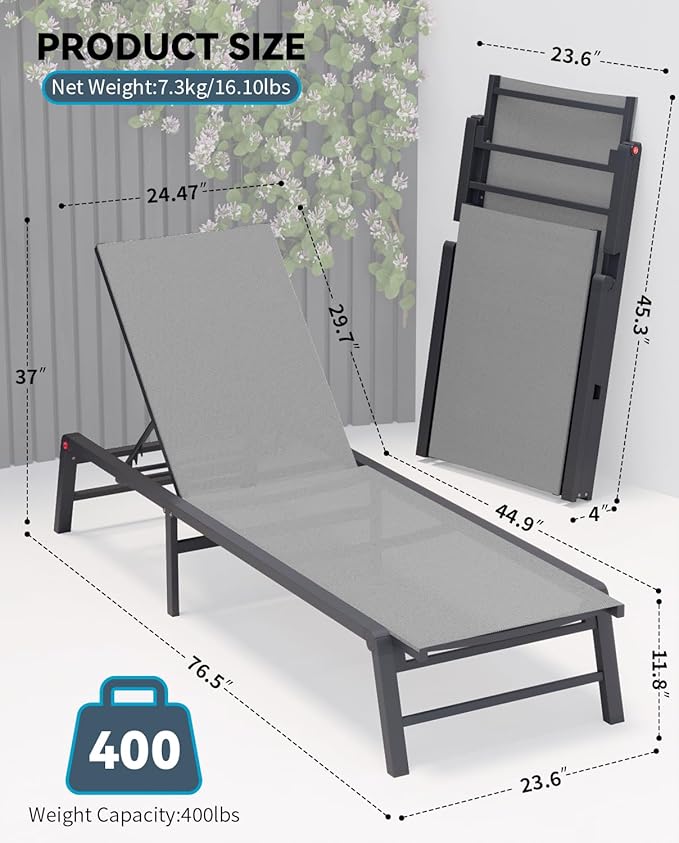 Aluminum Chaise Lounge Chair Outdoor, Foldable Patio Lounge Chair Assemble-Free, Pool Lounge Chairs with 5 Adjustable Backrest, Outdoor Lounge Chairs for Outside Poolside Beach Lawn Grey