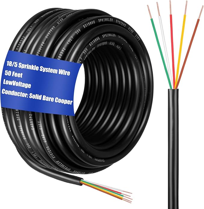 Hoolerry Solid Sprinkler System Wire 18 Gauge Irrigation Wire with UV Resistant PVC Jacket Sprinkler Cable for Underground Irrigation Field Central Control System 30v Ul Listed(18/5, 50 Ft)