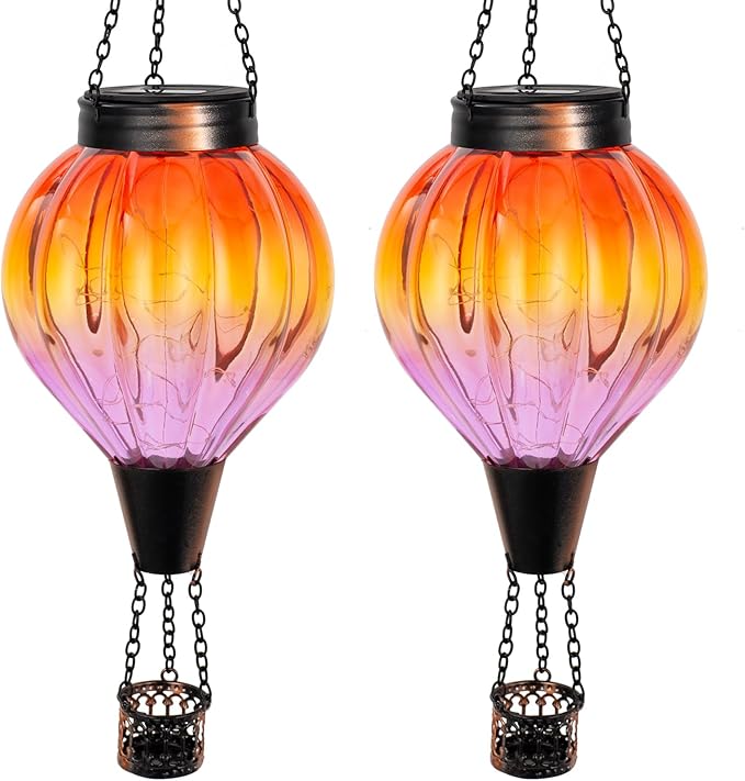 2PC Hot Air Balloon Solar Lantern Outdoor Waterproof, Gradient Orange Glass Balloon Lantern Lights, Hanging Solar Lights for Outside Patio Garden Tree Porch Yard Gift for Women Mom