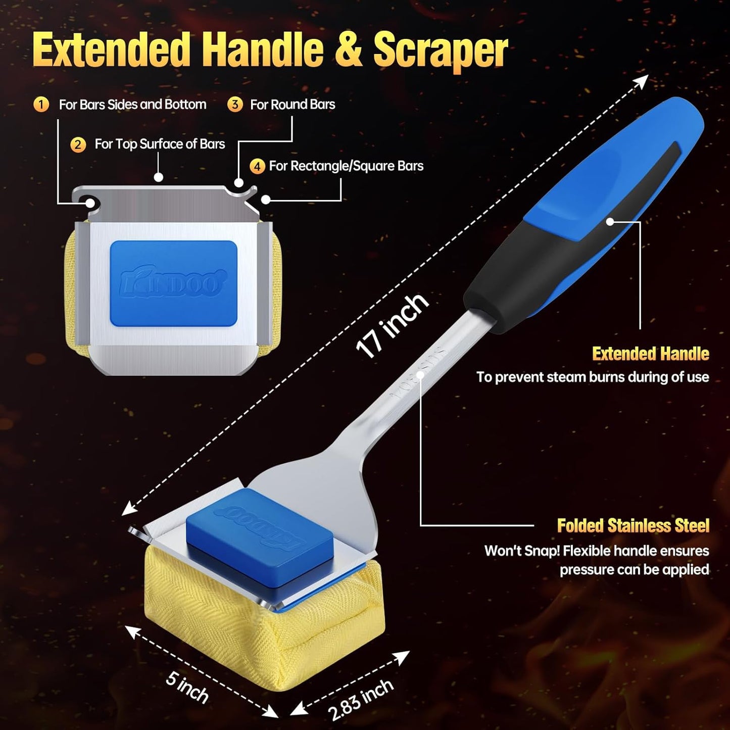 Grill Brush Bristle Free for Outdoor Grill, Steam Grill Cleaning Brush Replaceable BBQ Cleaner Brush Head,Extended Handle, Safe Grill Brush with Scraper for Cast Iron Stainless-Steel Grates, Blue